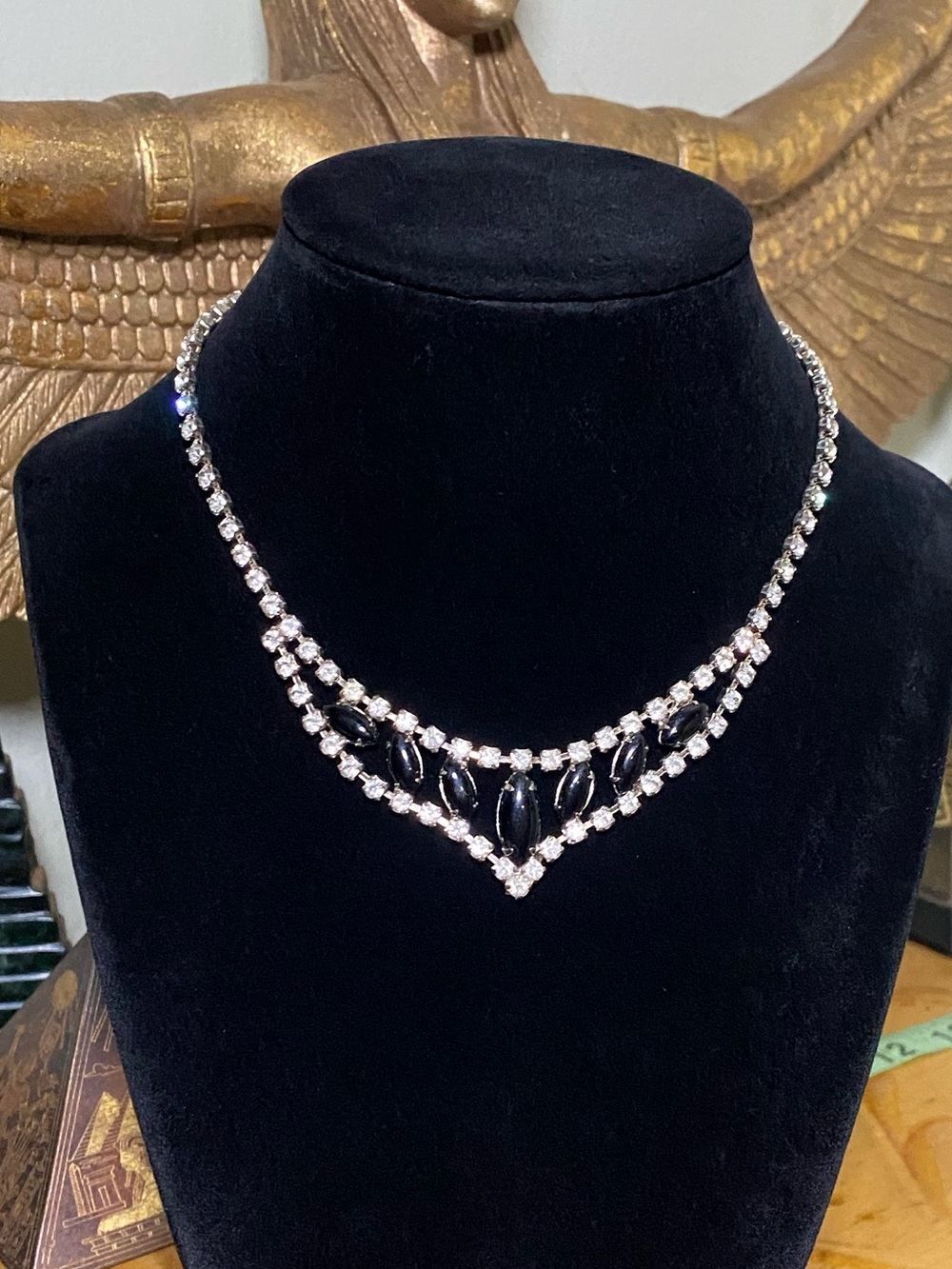 Vintage Black Stone and Clear Crystal V-Point Necklace